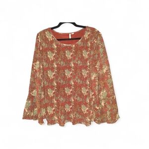 Cato Floral Scoop-Neck Pleated,Long Bell Sleeve Top in Rust, Sage & Cream
